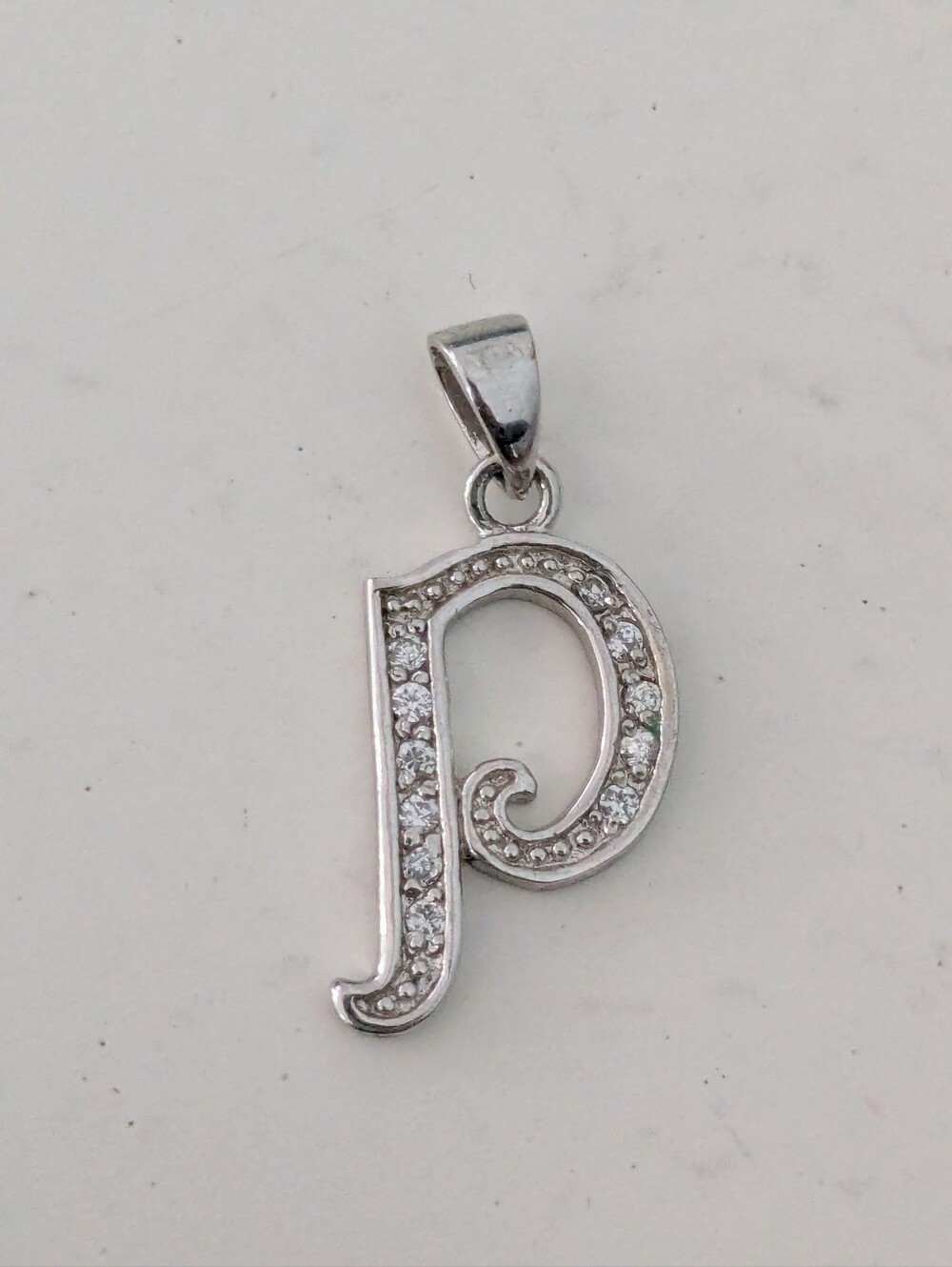 Sterling Silver Small 'P' Initial Pendant Necklace Charm with CZ Stones